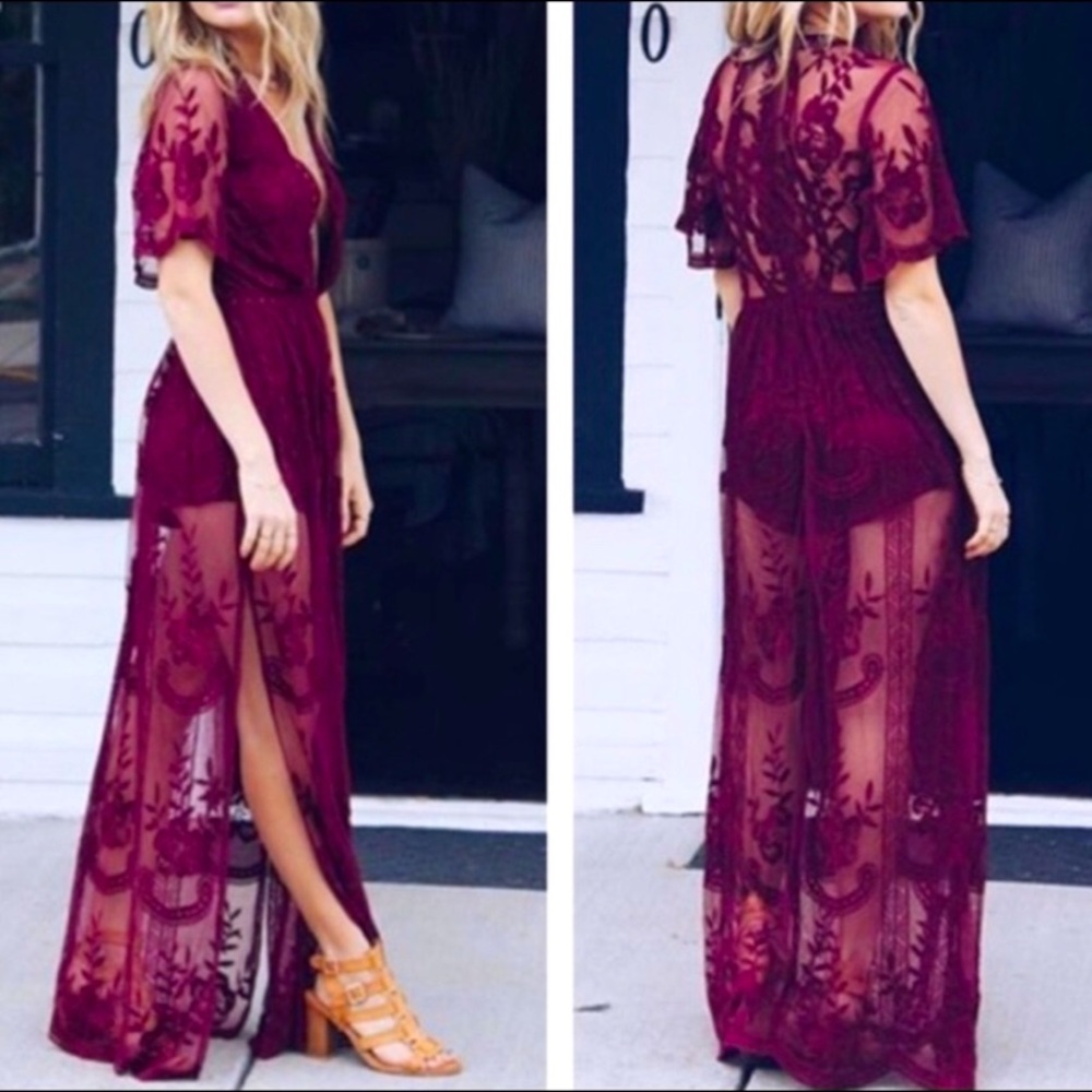 Plum Wine boho chic lace maxi dress small